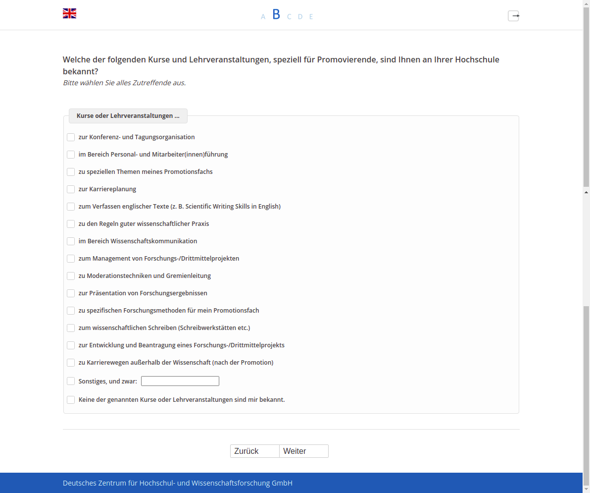 Welche der folgenden Kurse und Lehrveranstaltungen, speziell für Promovierende, sind Ihnen an Ihrer Hochschule bekannt?