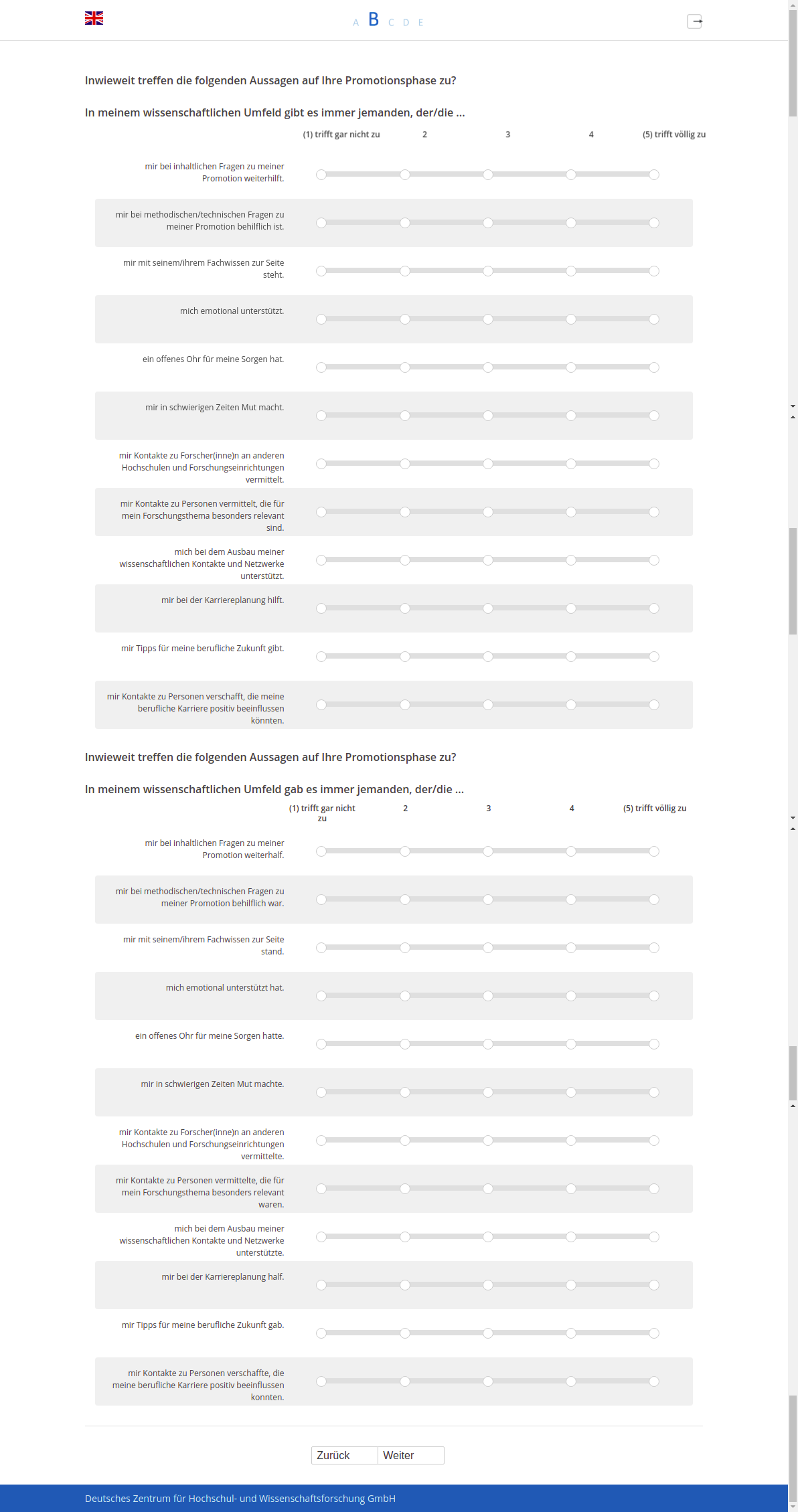 Inwieweit treffen die folgenden Aussagen auf Ihre Promotionsphase zu? In meinem wissenschaftlichen Umfeld gibt es immer jemanden, der/die ...Inwieweit treffen die folgenden Aussagen auf Ihre Promotionsphase zu? In meinem wissenschaftlichen Umfeld gab es immer jemanden, der/die ...