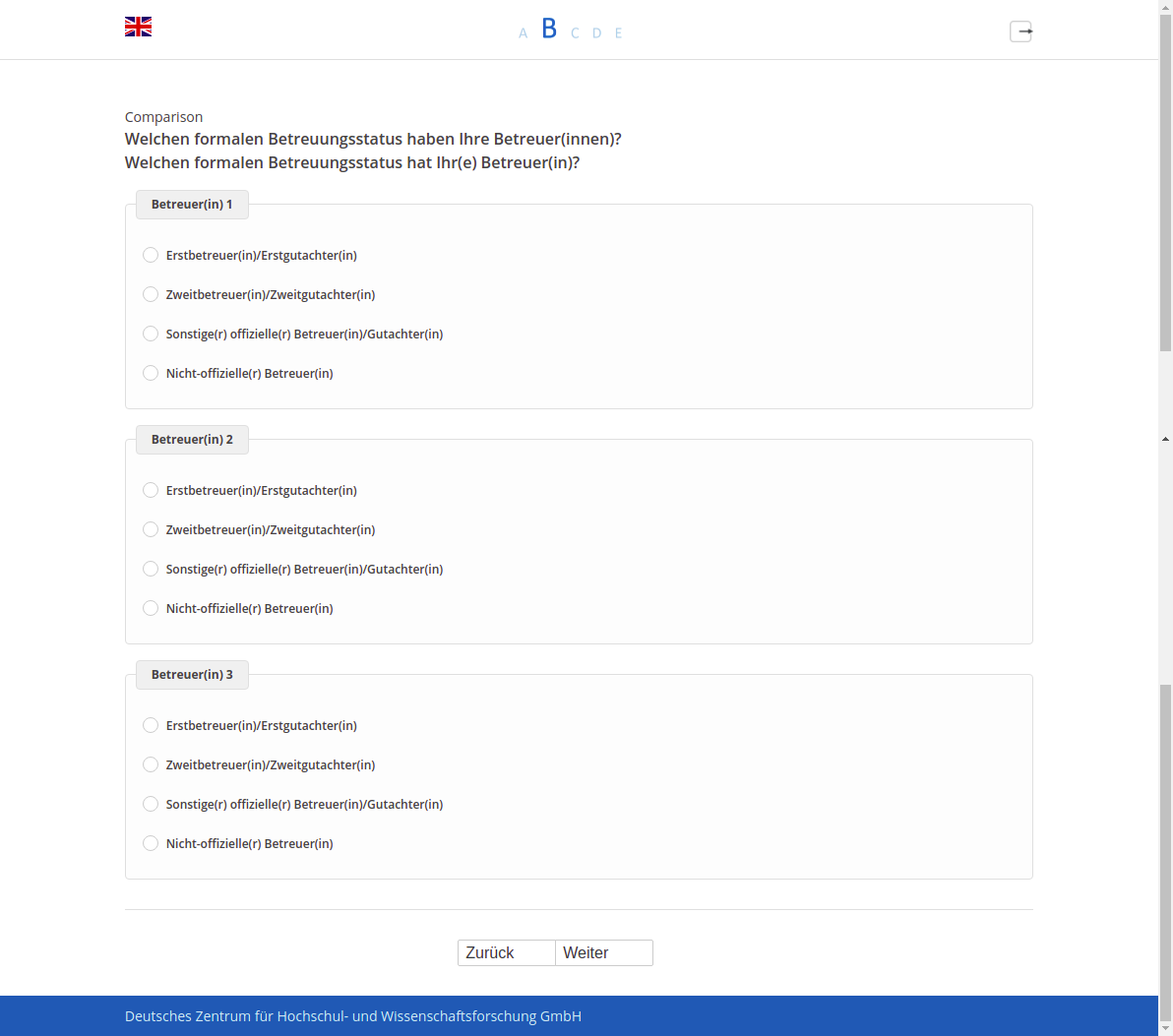 Welchen formalen Betreuungsstatus haben Ihre Betreuer(innen)?,Welchen formalen Betreuungsstatus hat Ihr(e) Betreuer(in)?
