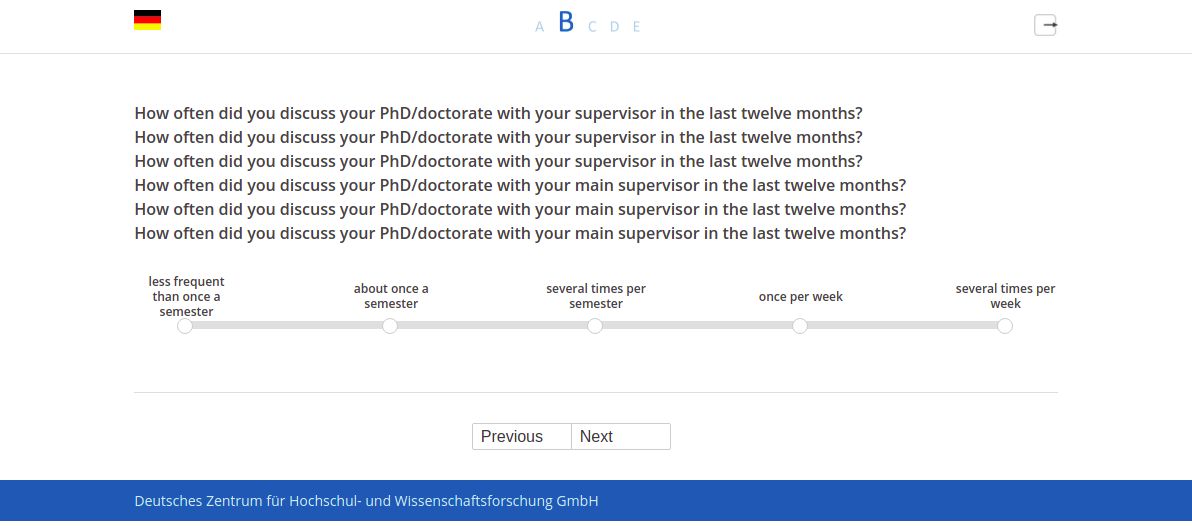 How often did you discuss your PhD/doctorate with your supervisor in the last twelve months?,How often did you discuss your PhD/doctorate with your main supervisor in the last twelve months?