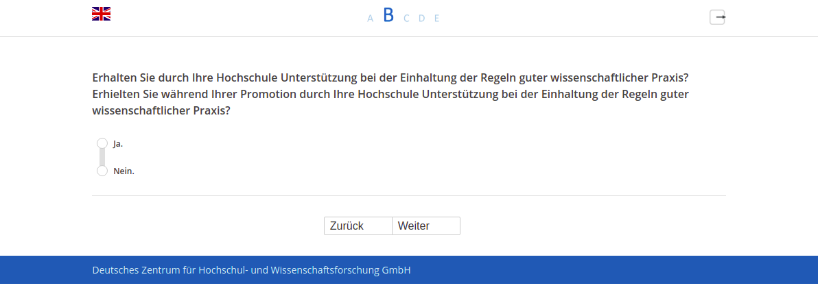 Erhalten Sie durch Ihre Hochschule Unterstützung bei der Einhaltung der Regeln guter wissenschaftlicher Praxis?,Erhielten Sie während Ihrer Promotion durch Ihre Hochschule Unterstützung bei der Einhaltung der Regeln guter wissenschaftlicher Praxis?