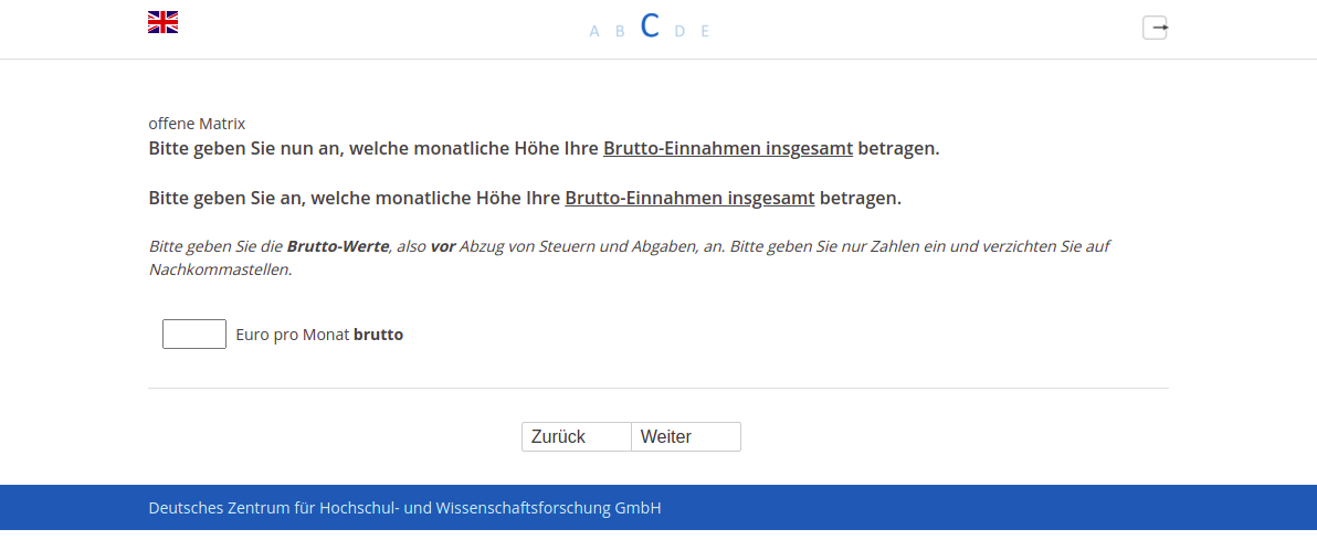 Bitte geben Sie nun an, welche monatliche Höhe Ihre Brutto-Einnahmen insgesamt betragen.,Bitte geben Sie an, welche monatliche Höhe Ihre Brutto-Einnahmen insgesamt betragen.
