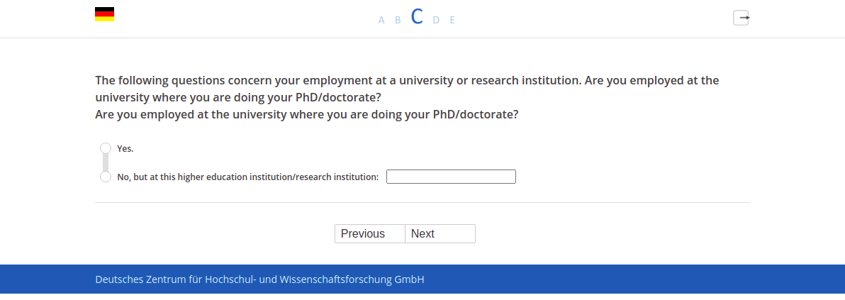 The following questions concern your employment at a university or research institution. Are you employed at the university where you are doing your PhD/doctorate?,Are you employed at the university where you are doing your PhD/doctorate?