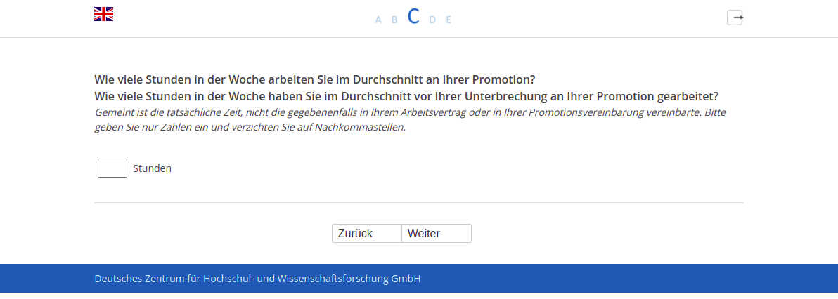 Wie viele Stunden in der Woche arbeiten Sie im Durchschnitt an Ihrer Promotion?,Wie viele Stunden in der Woche haben Sie im Durchschnitt vor Ihrer Unterbrechung an Ihrer Promotion gearbeitet?