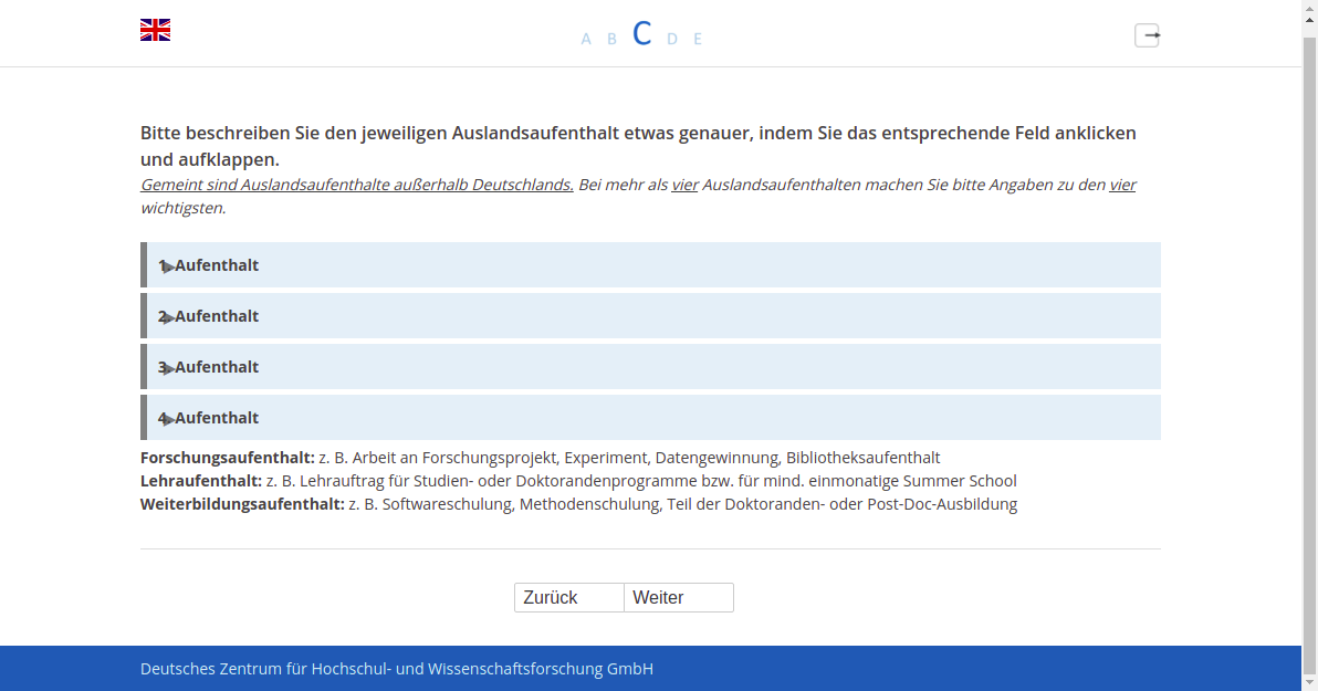 Bitte beschreiben Sie den jeweiligen Auslandsaufenthalt etwas genauer, indem Sie das entsprechende Feld anklicken und aufklappen.