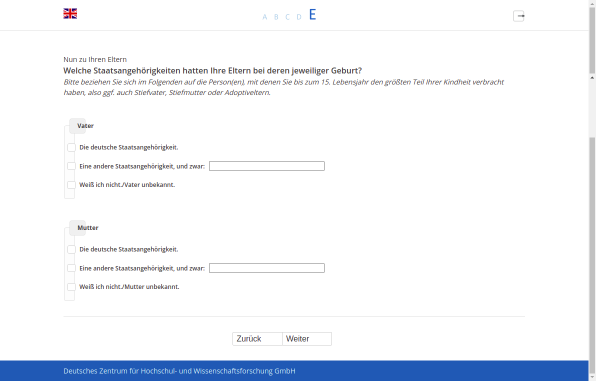 Welche Staatsangehörigkeiten hatten Ihre Eltern bei deren jeweiliger Geburt?