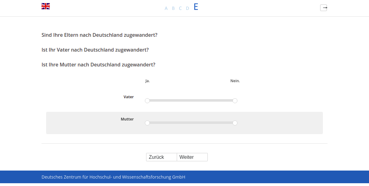 Sind Ihre Eltern nach Deutschland zugewandert?,Ist Ihr Vater nach Deutschland zugewandert?,Ist Ihre Mutter nach Deutschland zugewandert?
