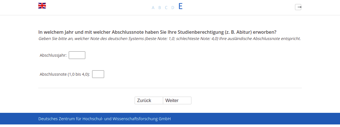 In welchem Jahr und mit welcher Abschlussnote haben Sie Ihre Studienberechtigung (z.B. Abitur) erworben?