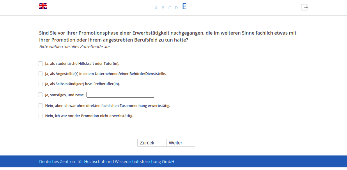 Sind Sie vor Ihrer Promotionsphase einer Erwerbstätigkeit nachgegangen, die im weiteren Sinne fachlich etwas mit Ihrer Promotion oder Ihrem angestrebten Berufsfeld zu tun hatte?