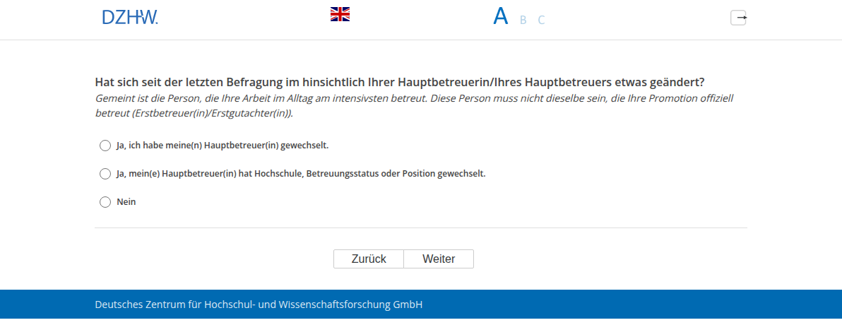Hat sich seit der letzten Befragung im #{PRELOADbpl007.value} hinsichtlich Ihrer Hauptbetreuerin/Ihres Hauptbetreuers etwas geändert?