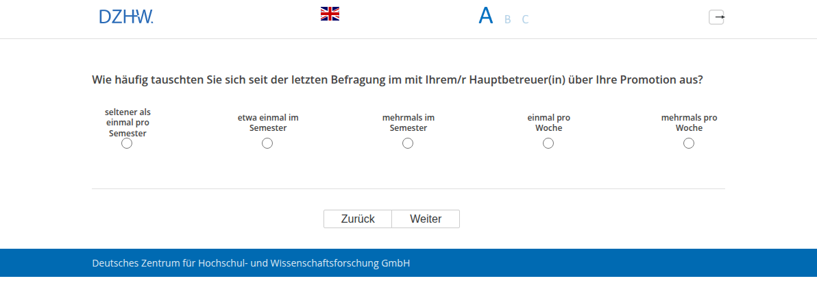 Wie häufig tauschten Sie sich seit der letzten Befragung im #{PRELOADbpl007.value} mit Ihrem/r Hauptbetreuer(in) über Ihre Promotion aus?