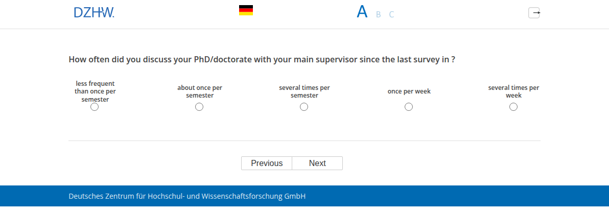 How often did you discuss your PhD/doctorate with your main supervisor since the last survey in #{PRELOADbpl008.value}?