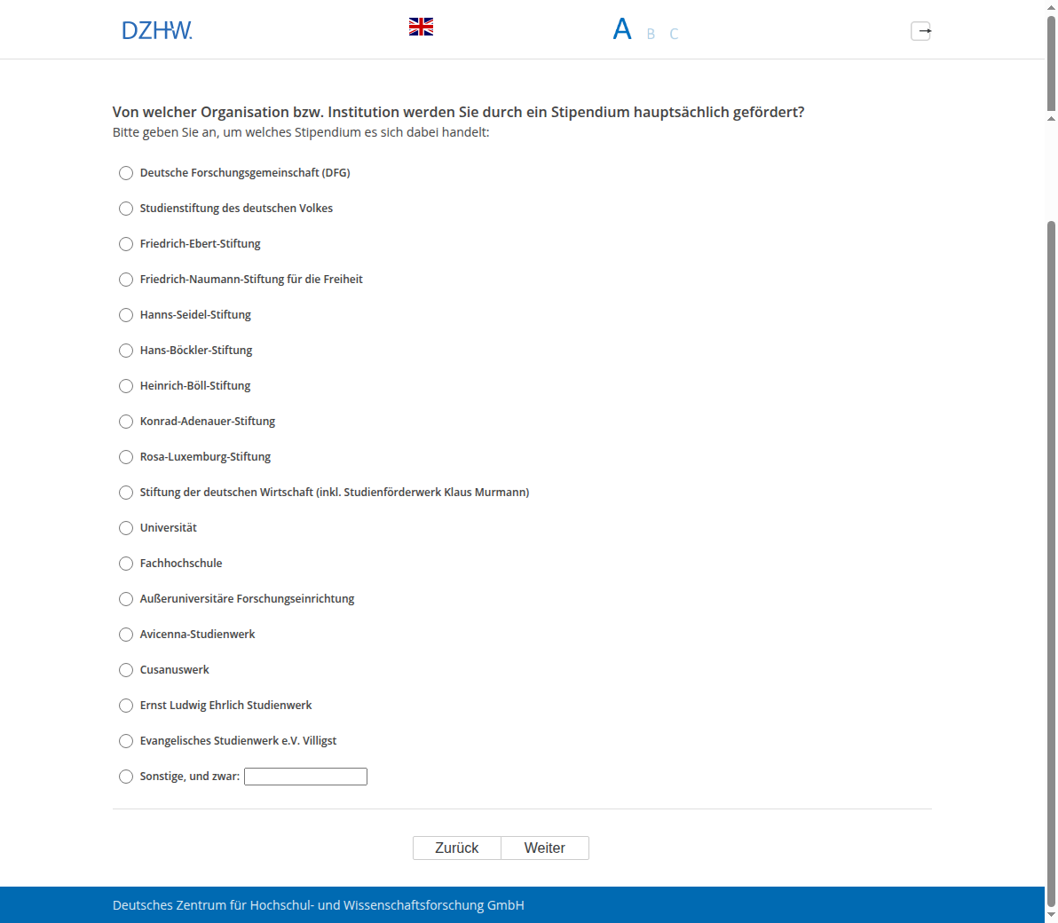 Von welcher Organisation bzw. Institution werden Sie durch ein Stipendium hauptsächlich gefördert?