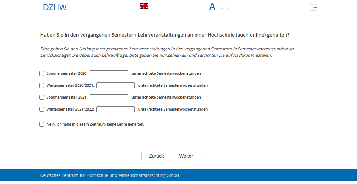 Haben Sie in den vergangenen Semestern Lehrveranstaltungen an einer Hochschule (auch online) gehalten?