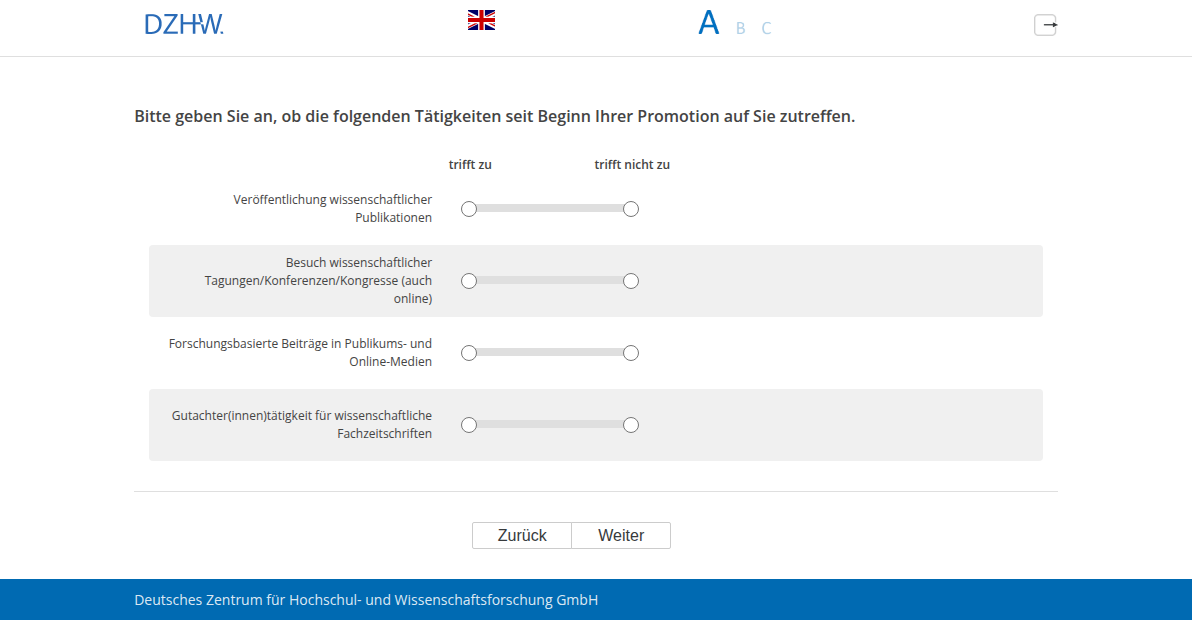 Bitte geben Sie an, ob die folgenden Tätigkeiten seit Beginn Ihrer Promotion auf Sie zutreffen.
