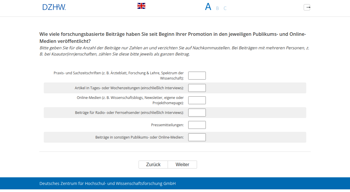 Wie viele forschungsbasierte Beiträge haben Sie seit Beginn Ihrer Promotion in den jeweiligen Publikums- und Online-Medien veröffentlicht?