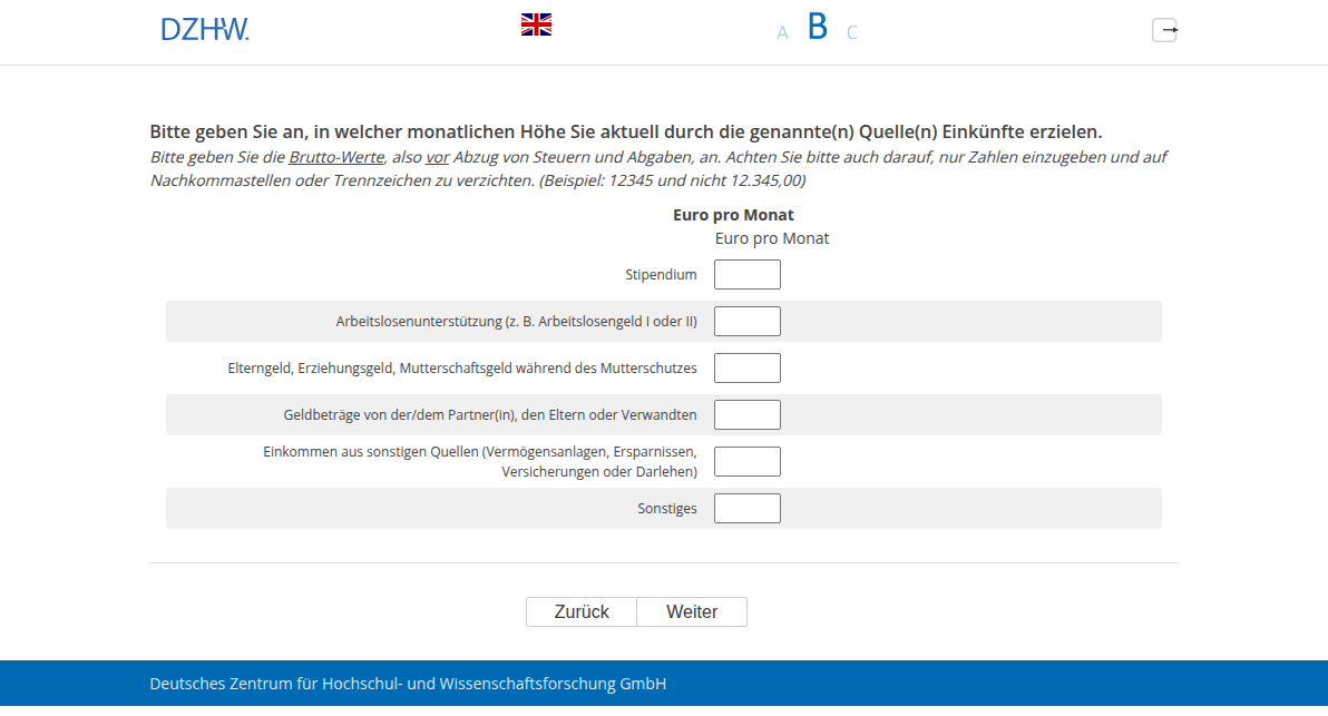 Bitte geben Sie an, in welcher monatlichen Höhe Sie aktuell durch die genannte(n) Quelle(n) Einkünfte erzielen.