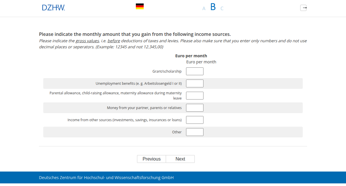 Please indicate the monthly amount that you gain from the following income sources.