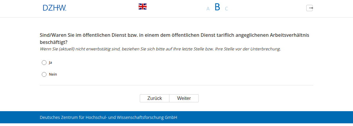 Sind/Waren Sie im öffentlichen Dienst bzw. in einem dem öffentlichen Dienst tariflich angeglichenen Arbeitsverhältnis beschäftigt?