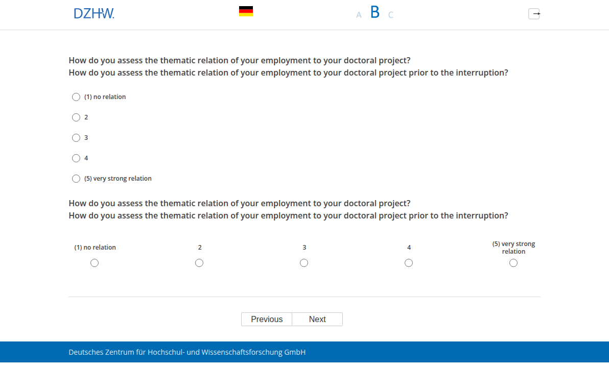 How do you assess the thematic relation of your employment to your doctoral project?,How do you assess the thematic relation of your employment to your doctoral project prior to the interruption?