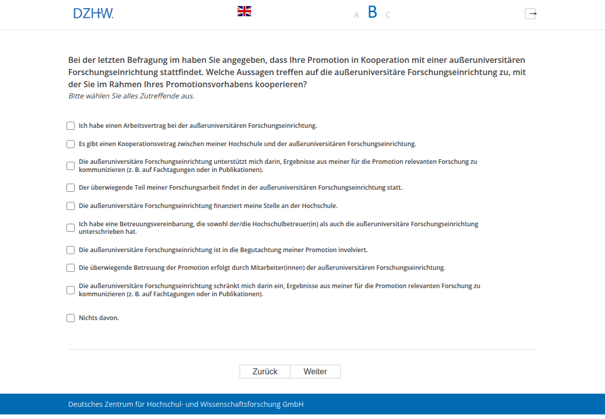 Welche Aussagen treffen auf die außeruniversitäre Forschungseinrichtung zu, mit der Sie im Rahmen Ihres Promotionsvorhabens kooperieren?