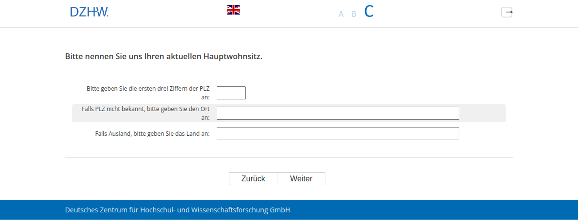 Bitte nennen Sie uns Ihren aktuellen Hauptwohnsitz.