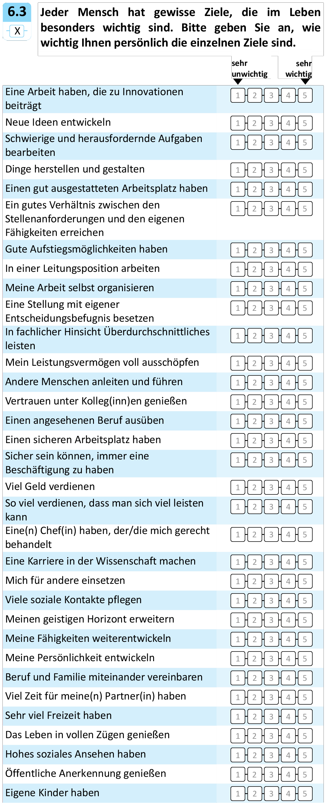 Jeder Mensch hat gewisse Ziele, die im Leben
besonders wichtig sind. Bitte geben Sie an, wie
wichtig Ihnen persönlich die einzelnen Ziele sind.