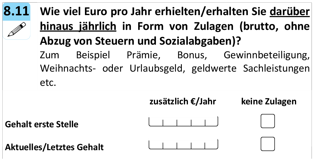 Wie viel Euro pro Jahr erhielten/erhalten Sie darüber hinaus jährlich in Form von Zulagen (brutto, ohne Abzug von Steuern und Sozialabgaben)?