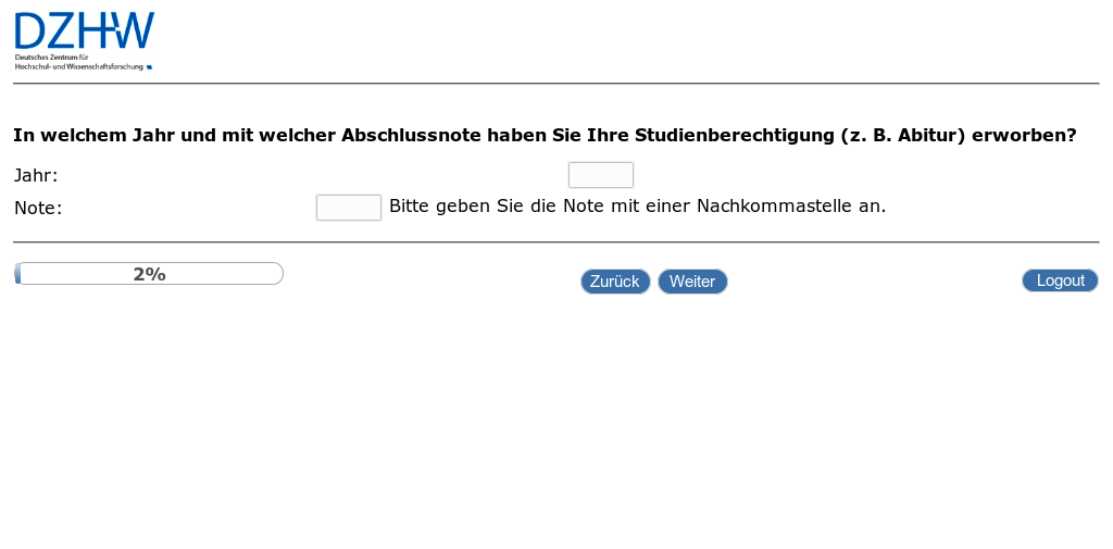 In welchem Jahr und mit welcher Abschlussnote haben Sie Ihre Studienberechtigung (z. B. Abitur) erworben?