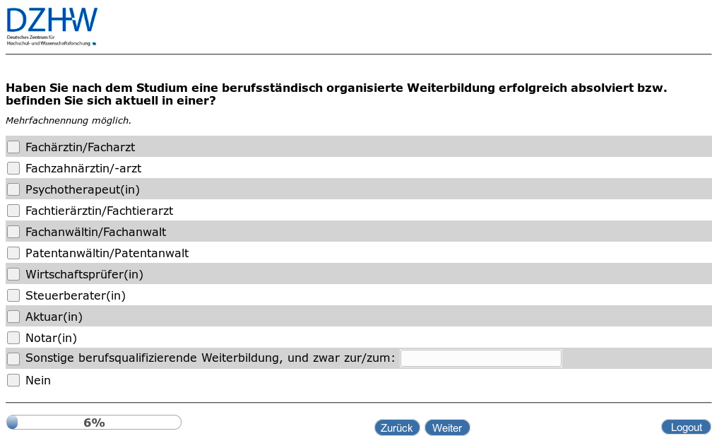 Haben Sie nach dem Studium eine berufsständisch organisierte Weiterbildung erfolgreich absolviert bzw. befinden Sie sich aktuell in einer?