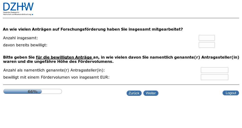 An wie vielen Anträgen auf Forschungsförderung haben Sie insgesamt mitgearbeitet? Bitte geben Sie für die bewilligten Anträge an, in wie vielen davon Sie namentlich genannte(r) Antragssteller(in) waren und die ungefähre Höhe des Fördervolumens.