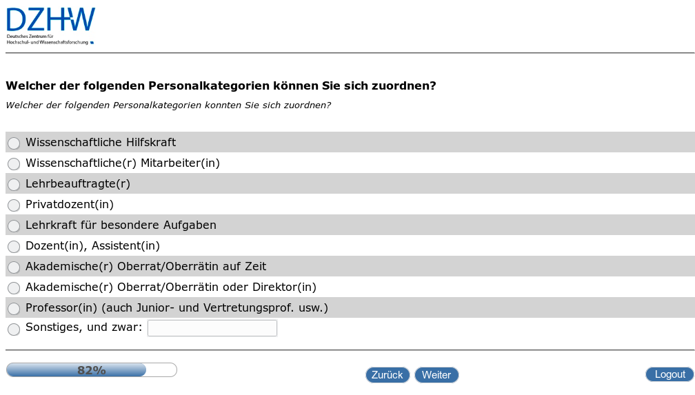 Welcher der folgenden Personalkategorien können Sie sich zuordnen?,Welcher der folgenden Personalkategorien konnten Sie sich zuordnen?