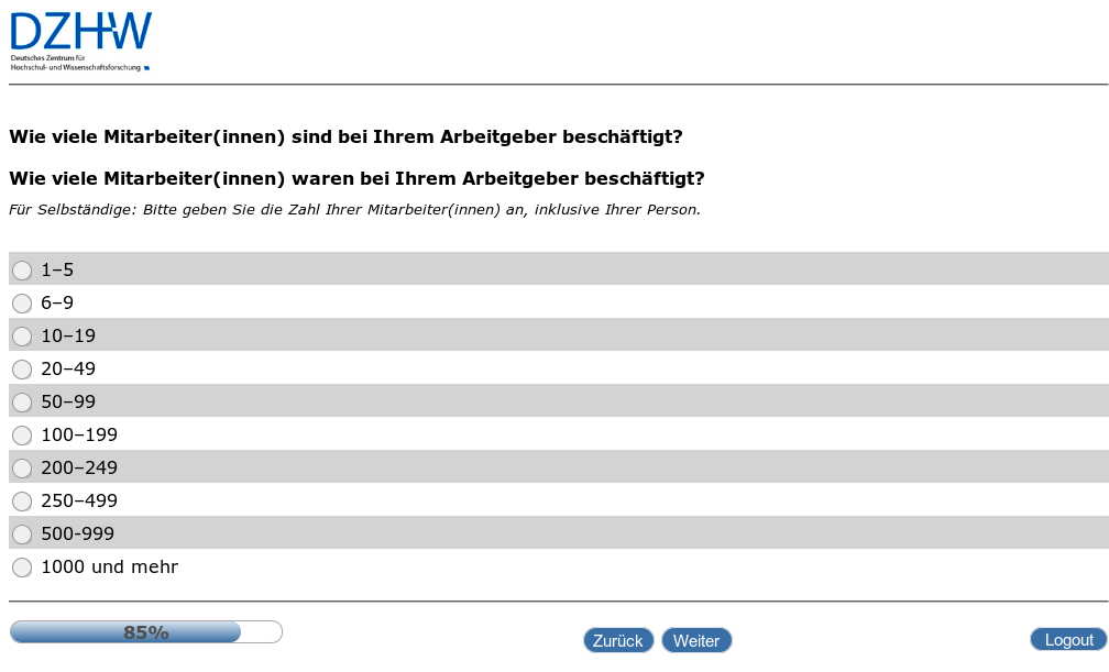 Wie viele Mitarbeiter(innen) sind bei Ihrem Arbeitgeber beschäftigt?,Wie viele Mitarbeiter(innen) waren bei Ihrem Arbeitgeber beschäftigt?
