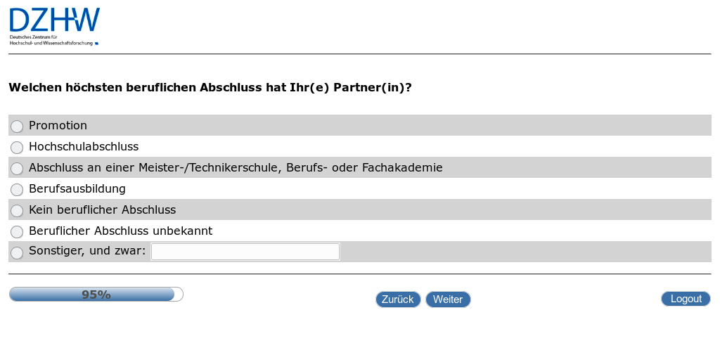 Welchen höchsten beruflichen Abschluss hat Ihr(e) Partner(in)?