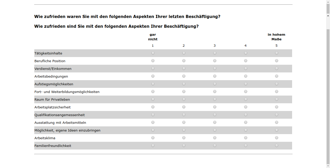 Wie zufrieden waren Sie mit den folgenden Aspekten Ihrer letzten Beschäftigung?,Wie zufrieden sind Sie mit den folgenden Aspekten Ihrer Beschäftigung?