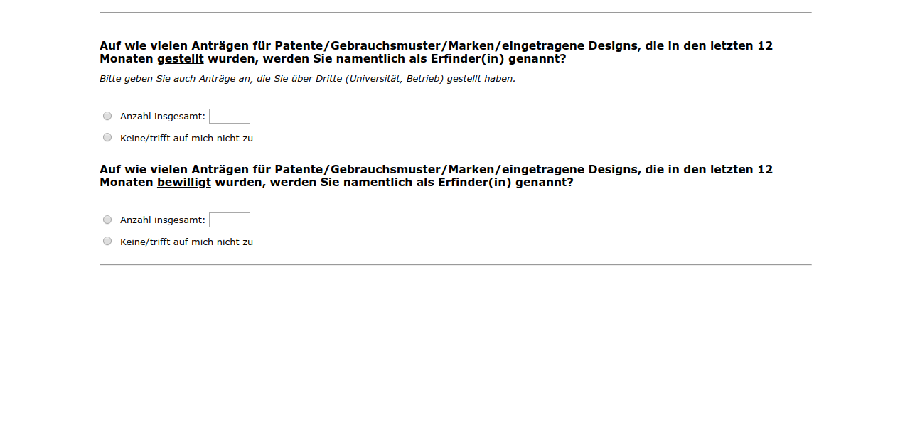 Auf wie vielen Anträgen für Patente/Gebrauchsmuster/Marken/eingetragene Designs, die in den letzten 12 Monaten gestellt wurden, werden Sie namentlich als Erfinder(in) genannt?