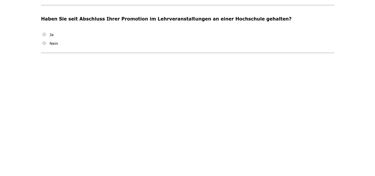 Haben Sie seit Abschluss Ihrer Promotion im #{zofar.labelOf(PRELOADpre_d2promdat)} Lehrveranstaltungen an einer Hochschule gehalten?