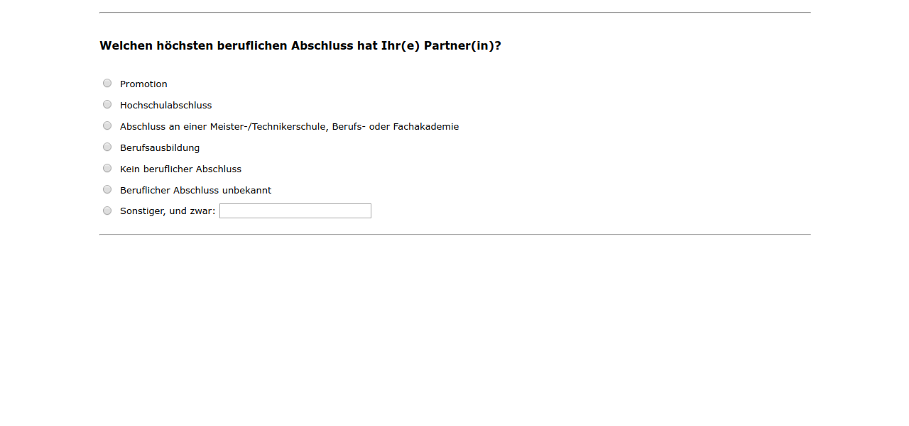 Welchen höchsten beruflichen Abschluss hat Ihr(e) Partner(in)?