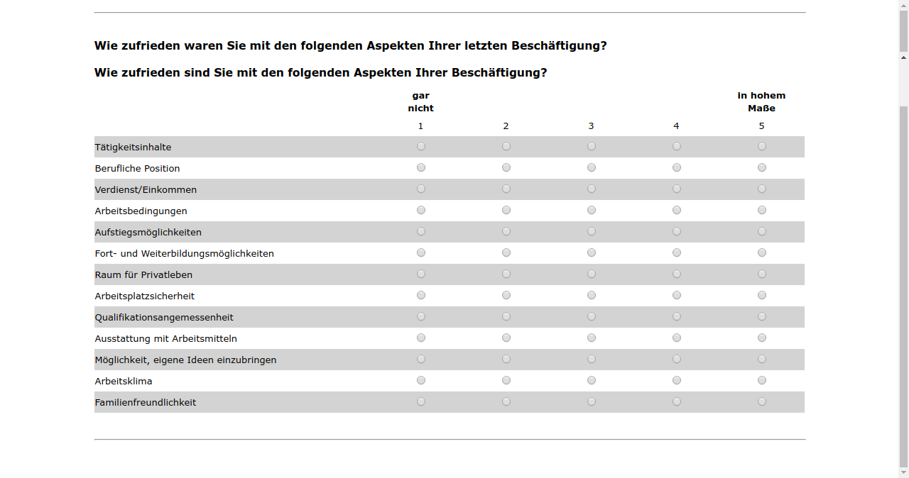 Wie zufrieden waren Sie mit den folgenden Aspekten Ihrer letzten Beschäftigung?,Wie zufrieden sind Sie mit den folgenden Aspekten Ihrer Beschäftigung?