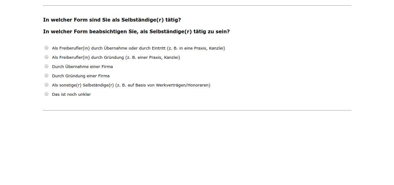 In welcher Form sind Sie als Selbständige(r) tätig?,In welcher Form beabsichtigen Sie, als Selbständige(r) tätig zu sein?