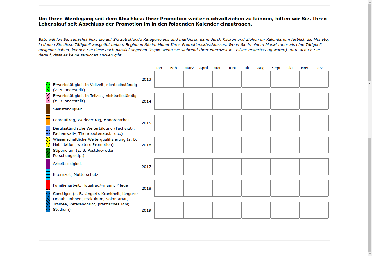 Um Ihren Werdegang seit dem Abschluss Ihrer Promotion weiter nachvollziehen zu können, bitten wir Sie, Ihren Lebenslauf seit Abschluss der Promotion im #{zofar.labelOf(PRELOADpre_d2promdat)} in den folgenden Kalender einzutragen.