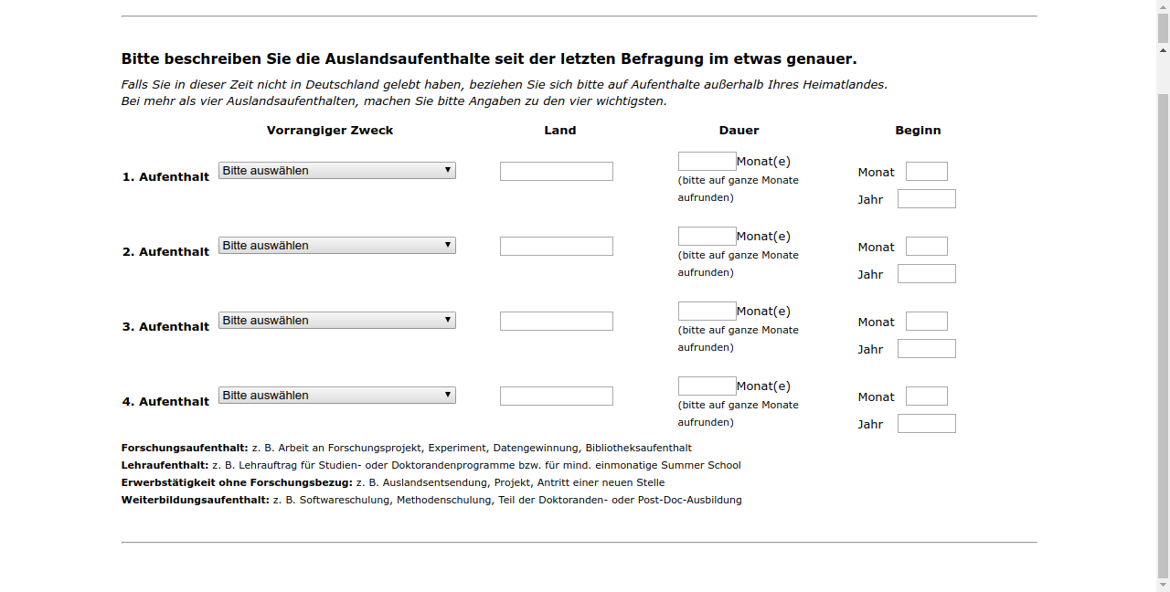 Bitte beschreiben Sie die Auslandsaufenthalte seit der letzten Befragung im #{zofar.labelOf(PRELOADpre_datum)} #{m4gradgwart.value ? '– bzw. Ihren aktuellen Auslandsaufenthalt –':''} etwas genauer.