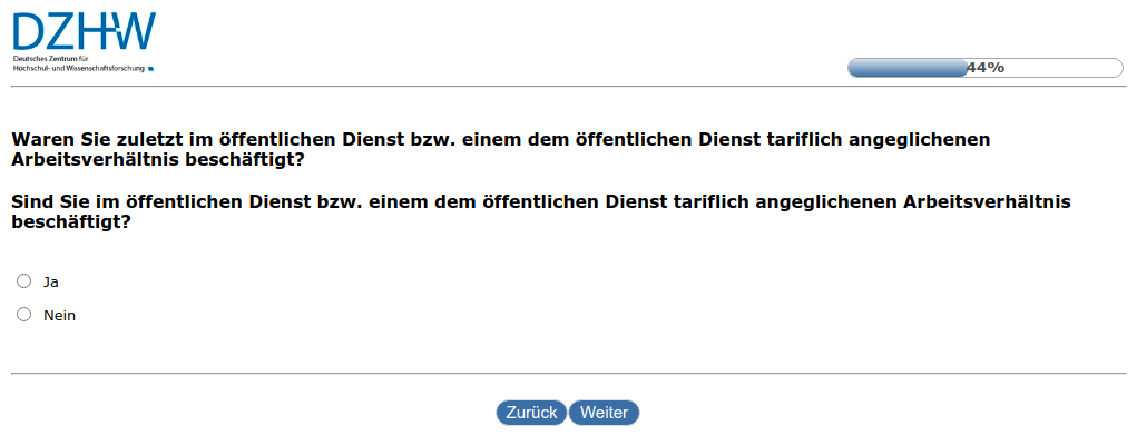 Waren Sie zuletzt im öffentlichen Dienst bzw. einem dem öffentlichen Dienst tariflich angeglichenen Arbeitsverhältnis beschäftigt?,Sind Sie im öffentlichen Dienst bzw. einem dem öffentlichen Dienst tariflich angeglichenen Arbeitsverhältnis beschäftigt?
