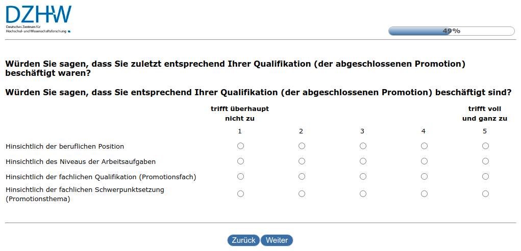 Würden Sie sagen, dass Sie zuletzt entsprechend Ihrer Qualifikation (der abgeschlossenen Promotion) beschäftigt waren?,Würden Sie sagen, dass Sie entsprechend Ihrer Qualifikation (der abgeschlossenen Promotion) beschäftigt sind?