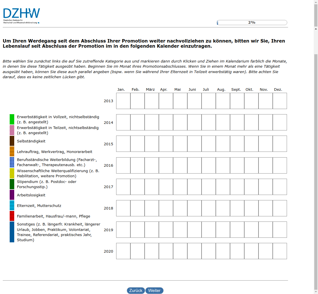 Um Ihren Werdegang seit dem Abschluss Ihrer Promotion weiter nachvollziehen zu können, bitten wir Sie, Ihren Lebenslauf seit Abschluss der Promotion im #{zofar.labelOf(PRELOADpre_datum)} in den folgenden Kalender einzutragen.