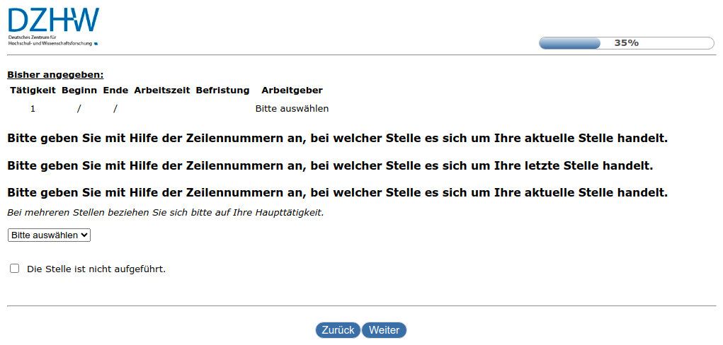 Bitte geben Sie mit Hilfe der Zeilennummern an, bei welcher Stelle es sich um Ihre aktuelle Stelle handelt.,Bitte geben Sie mit Hilfe der Zeilennummern an, bei welcher Stelle es sich um Ihre letzte Stelle handelt.