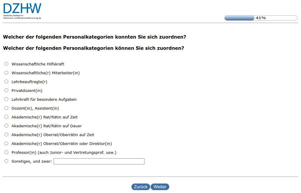 Welcher der folgenden Personalkategorien konnten Sie sich zuordnen?,Welcher der folgenden Personalkategorien können Sie sich zuordnen?