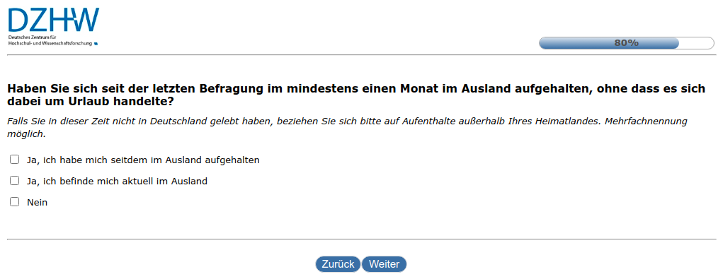 Haben Sie sich seit der letzten Befragung im #{zofar.labelOf(PRELOADpre_datum)} mindestens einen Monat im Ausland aufgehalten, ohne dass es sich dabei um Urlaub handelte?