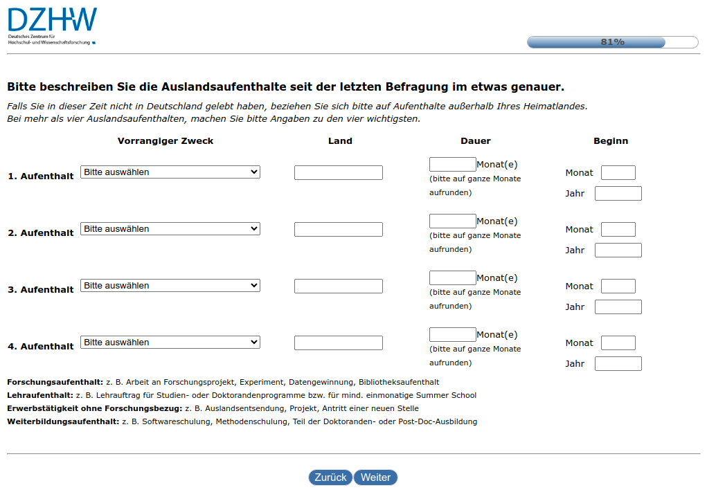 Bitte beschreiben Sie die Auslandsaufenthalte seit der letzten Befragung im #{zofar.labelOf(PRELOADpre_datum)} #{m6gradgwart.value ? '– bzw. Ihren aktuellen Auslandsaufenthalt –':''} etwas genauer.