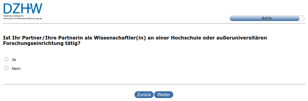 Ist Ihr Partner/Ihre Partnerin als Wissenschaftler(in) an einer Hochschule oder außeruniversitären Forschungseinrichtung tätig?